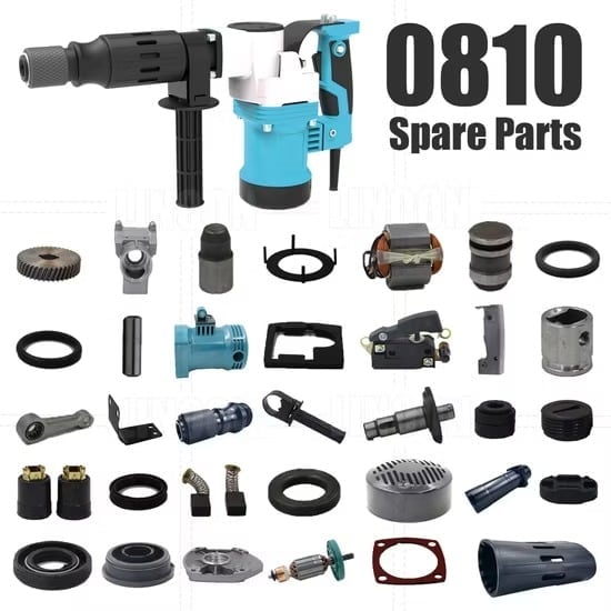 0810 rotary hammer drill with collection of replacement spare parts including gears, pistons, switches, and seals
